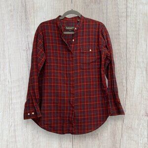 TIMBERLAND Vintage 90s Y2K Red Plaid Cotton Leather Trim Button Front Blouse Top